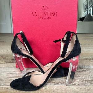 Valentino Garavani Black Suede Clear Block Heel Ankle-Strap Sandals